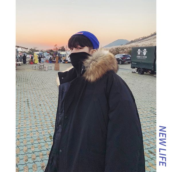 

winter 2019 new slim solid color thickened and fleecy hooded padded jacket loose casual fashion personality youth men's wear, Black