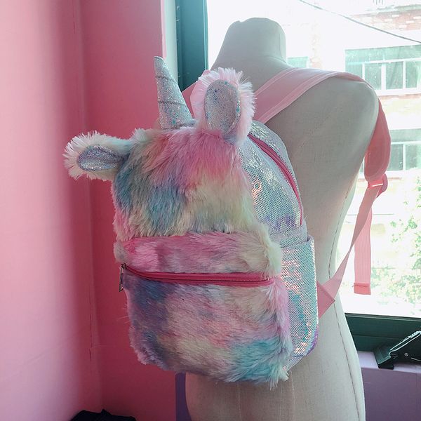 

colorful fur unicorn students backpack mermaid sequins children designer school bags mini backpack for teenager girls book bag