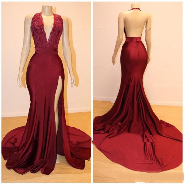 

burgundy v neck long sleeveless prom dress halter lace appliques backless mermaid evening gowns with side split, Black;red