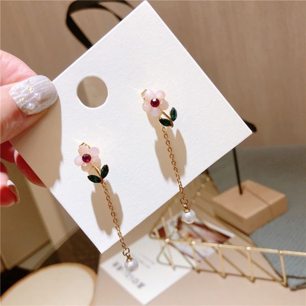 

korea style girl earrings cute silver pin flower imitation pearl long drop earrings for women fashion jewelry accessories