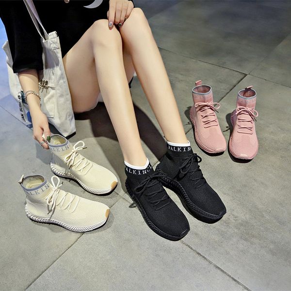 

autumn 2019 new korean version of baitie socks shoes female breathable flying weaving female shoes student leisure sports flat bottom, Black