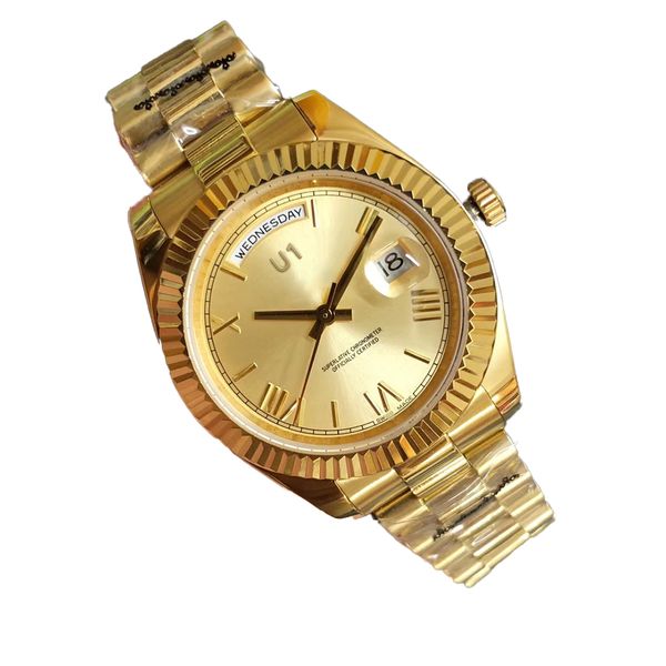 

mens gent wrist watch full gold day date 41mm yellow dial big date 218239 automatic mechanical sapphire glass president steel wristwatches, Slivery;brown