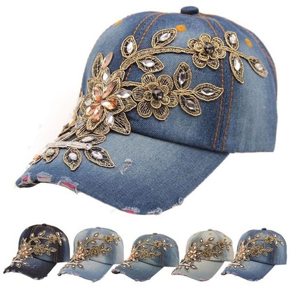 

women diamond flower baseball cap summer lady jeans hats, Blue;gray
