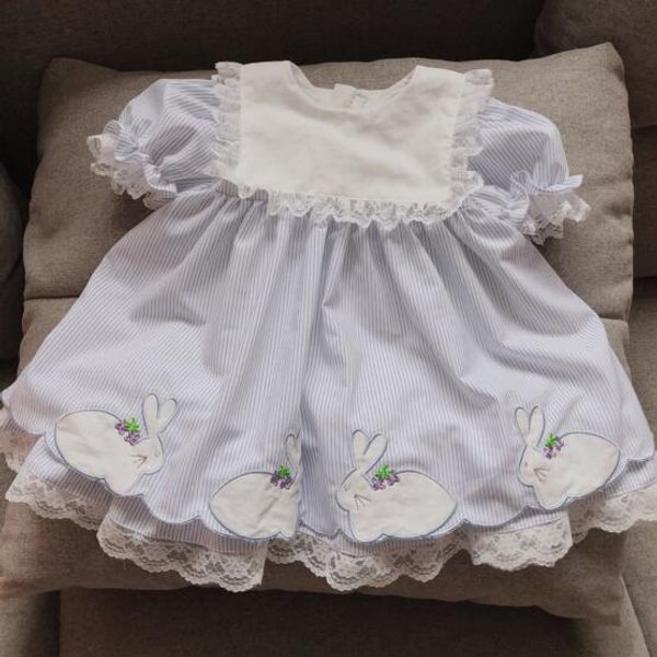 

kids Girl designer clothes Dress for 2T to 7T Summer Girl blue Stripped Rabbit Lace Design Dress Princess Girl Clothing Dress