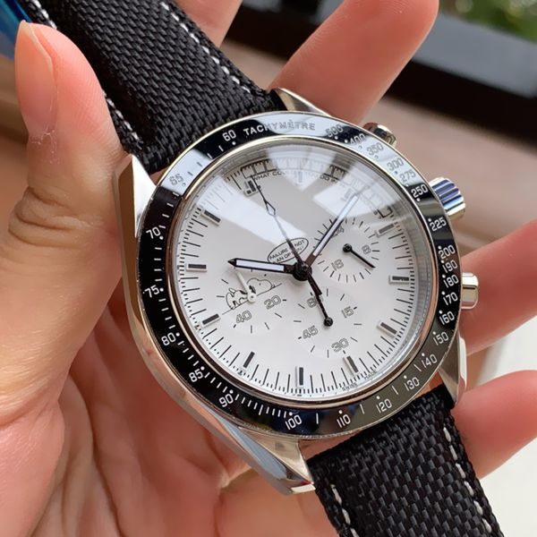 

luxury watch apollo 13 snoopy limited watches chronograph sport white dial steel case nylon leather strap quartz watch back snoopy r336, Slivery;brown