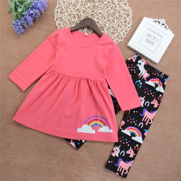 

girl kids clothes set long sleeved dresses unicorn cartoon printed trousers two piece sets kids designer clothes girls jy605, White