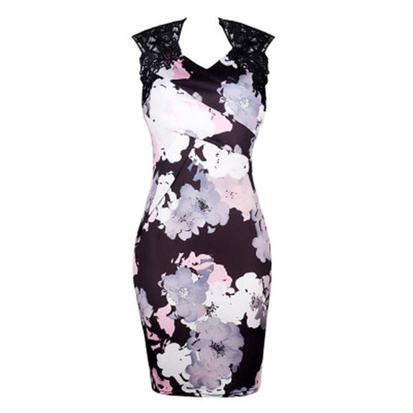 

womens dress elegant summer floral flower lace cap sleeve vestidos casual party sheath bodycon work business dress, Black;gray
