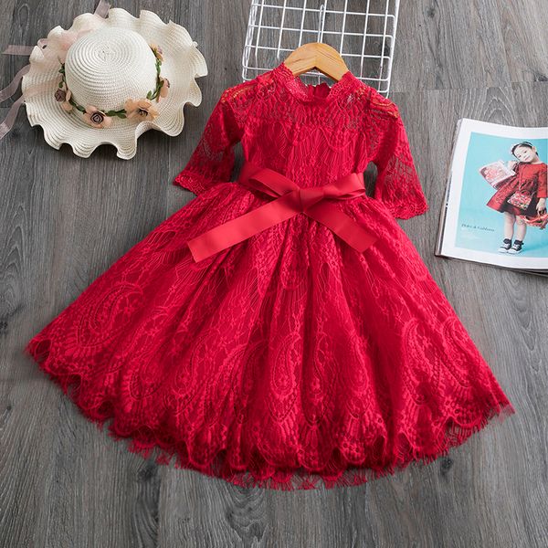 

red kids dresses for girls flower lace tulle dress wedding little girl ceremony party birthday dress children autumn clothing, Red;yellow