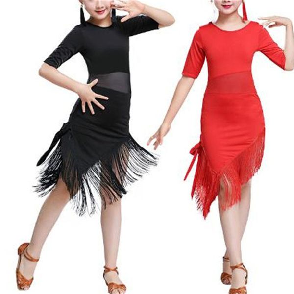 

kids girls latin dance dress ballroom rumba tango dress mesh splice irregular tassels hem for performances competition, Black;red