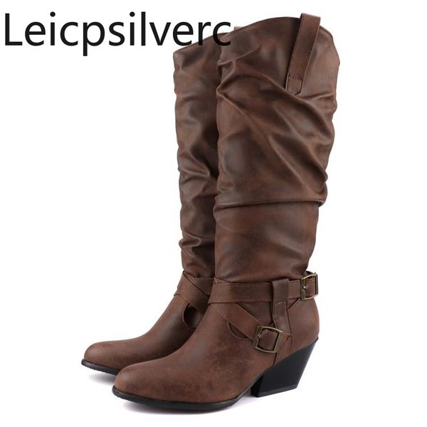 

women's boots autumn and winter new fashion round head belt buckle thick heel mid heel high tube women's shoes plus size 34-48, Black