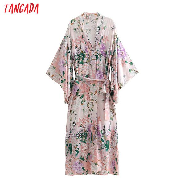 

tangada women flower print japanese kimono cardigan bow sashes batwing sleeve ladies bohemian beach long kimono outwear sd15, Tan;black