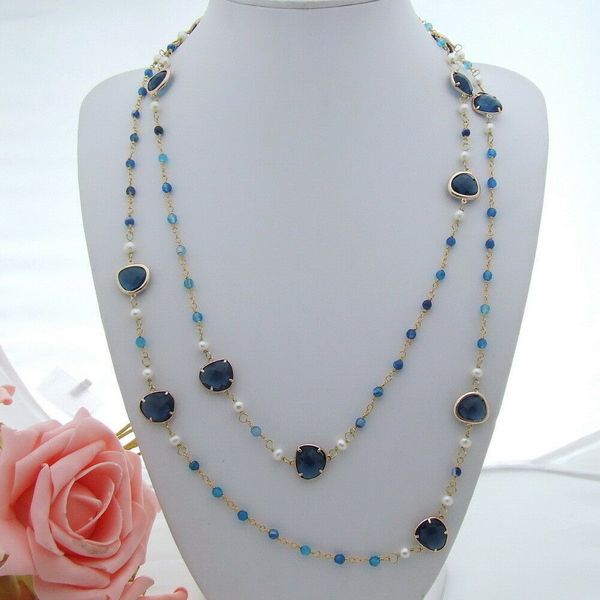 

h042801 54'' white pearl gems stone crystal necklace, Silver