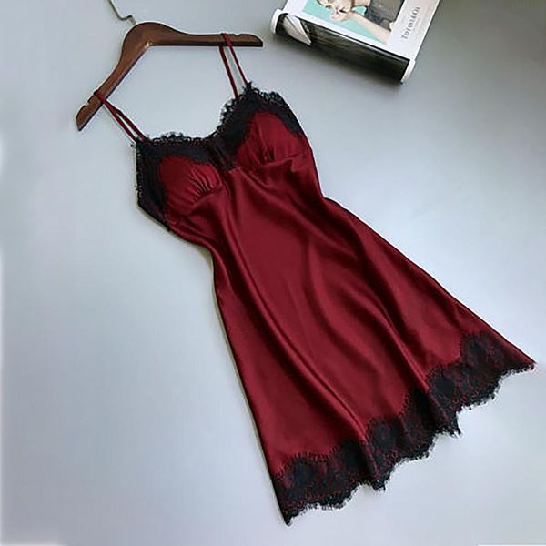 

women sleepwear sleeveless strap nightwear lace trim satin seksi bayan gecelikler nuisette femme de nuit koszula nocna #a2, Black;red