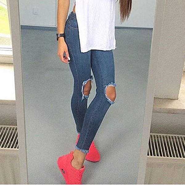 

2019 new button pocket zipper jeans pancil pants women high waist slim hole ripped denim jeans casual stretch trousers #b, Blue