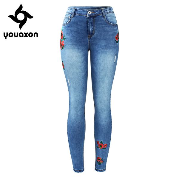 

2163 youaxon brand new emboridery flower jeans woman plus size stretchy denim skinny pants trousers for women jeans, Blue