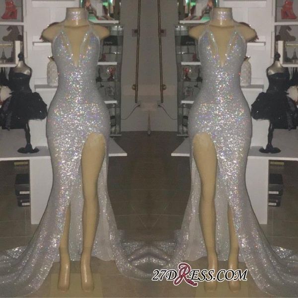 

2019 Bling Bling платья русалки выпускного вечера блестками Холтер шеи спинки высокая сторона сплит этаж длиной V шеи вечернее платье вечерние платья
