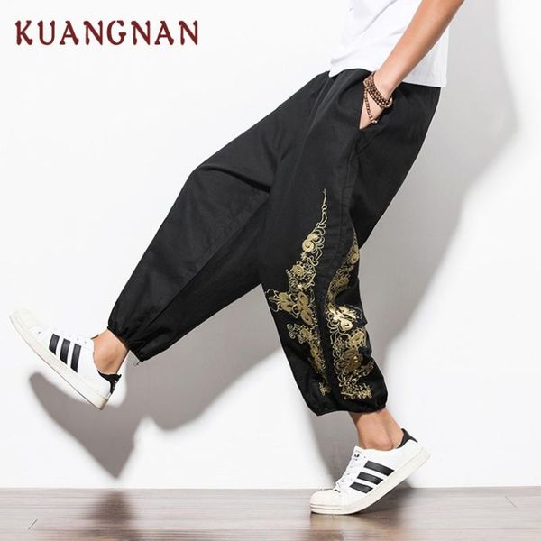

kuangnan chinese embroidery ankle-length pants men jogger japanese streetwear joggers men pants hip hop trousers 2019, Black