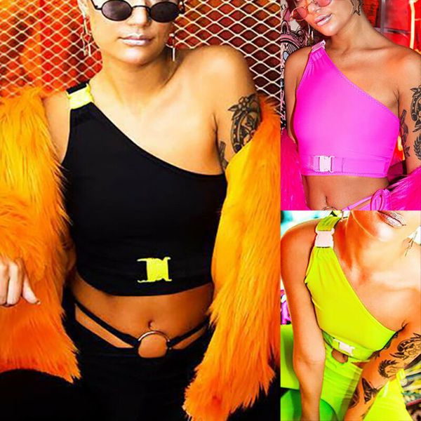 

Fashionable Ladies Single Shoulder Buckles Crop Top Sexy Sport Camis Tank Vest