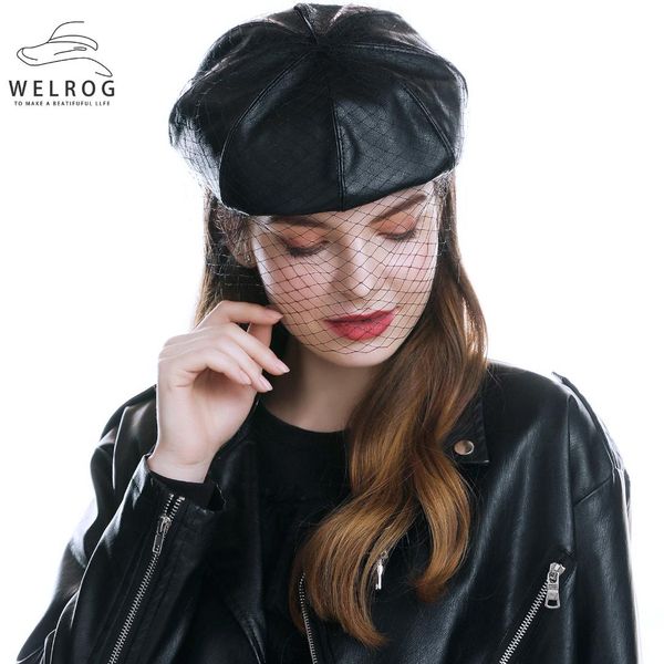 

welrog fascinating black winter hat chic leather french beret with veil mesh show double layer women beret beanies cap, Blue;gray