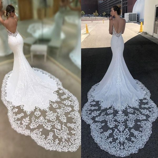 

2019 beach spaghetti straps lace mermaid wedding dresses illusion satin tulle applique court train bridal gowns robe de mariée, White