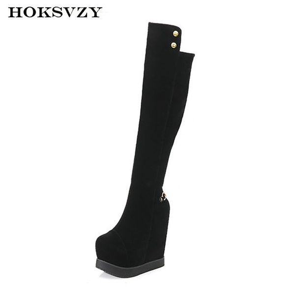 

women winter wedges knee high black boots women's slim super tube plus velvet thick bottom high boots zyw-2686-2