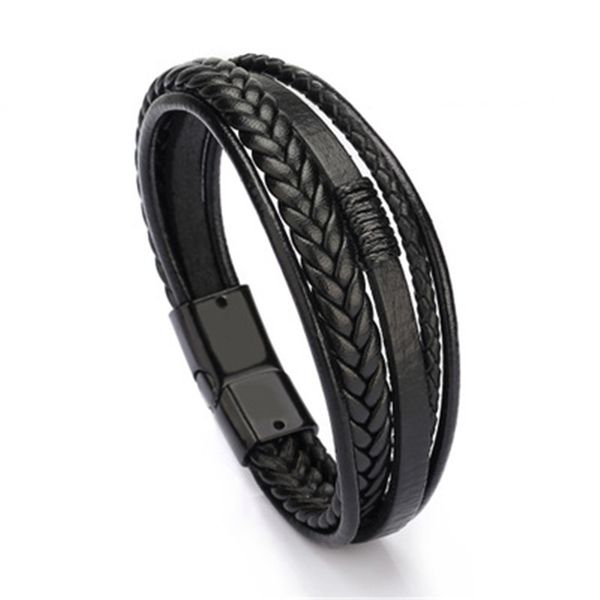 

md men leather bracelet leather bangle for men magnetic-clasp cowhide braided multi layer wrap bracelet man pulseras para hombre, White