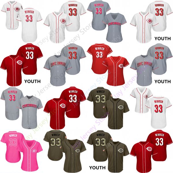 

2019 Cincinnati 33 Jesse Winker Jersey Reds Jerseys Cool Base Flexbase Home Away White Black Red Grey Pullover Button Men Women Youth