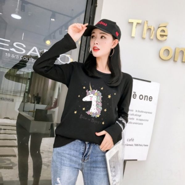 

twu5e autumn sweet cute unicorn cartoon printing loose all-match long sleeve female autumn sweet cute unicorn t-shirt cartoon printing loose, White