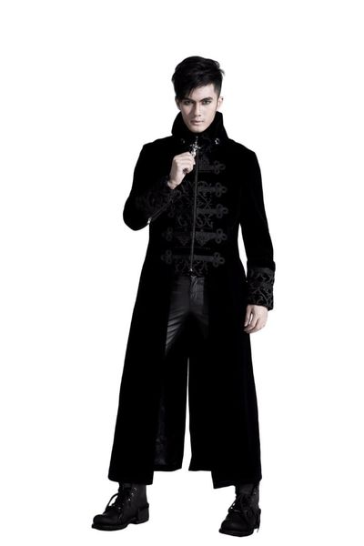 

gothic long two pieces long coat men's black red embroidery zipper velveteen coat stand collar embroidery cuffs thick