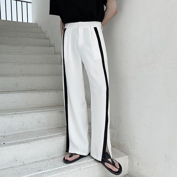 

men side splice casual straight suit pant male streetwear vintage fashion loose long trousers japan korea style pants polyester, Black