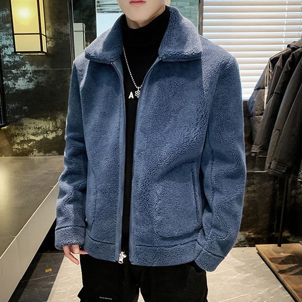 

men's faux fur lamb jacket fashion thicken keep warm lapels youth suede jackets zipper digging bag coat winter outwear pure color doubl, Black
