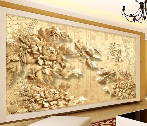 

custom 3d wall murals wallpaper wall painting stereoscopic woodcarving peony flower baifu tv background 3d living room tv backdrop mural
