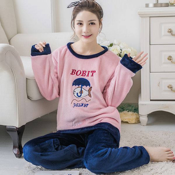 

2018 autumn winter women pajama sets coral fleece pajamas thickening casual homewear paragraph warm thick flannel sleepwear suit, Blue;gray