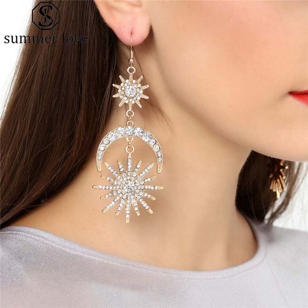 

new arrival sun moon star long dangle earring for women vintage exaggeration style crystal drop earring fashion jewelry gift, Silver