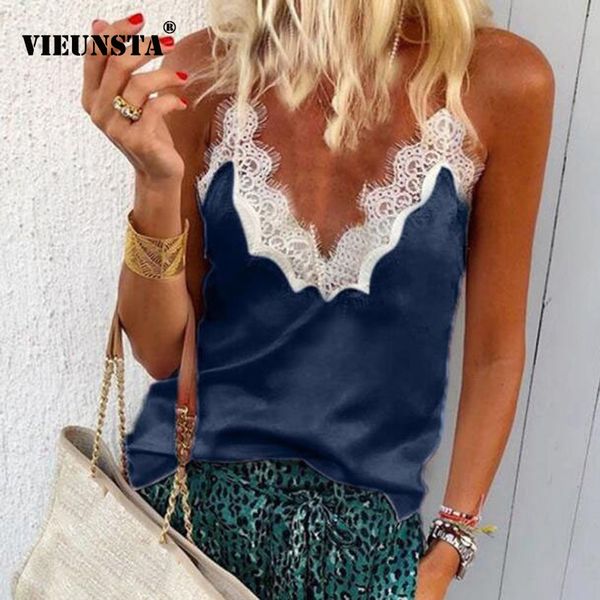 

vieunsta v-neck lace stitching chiffon blouse women shirt 2019 fashion sleeveless strap vest blouses summer streetwear, White