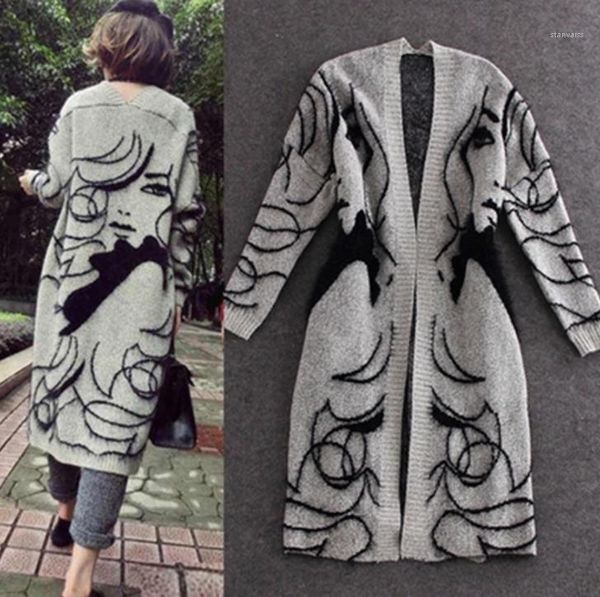

cape women thick sweater cardigans autumn grey fashion pretty girl printed long coats, Black