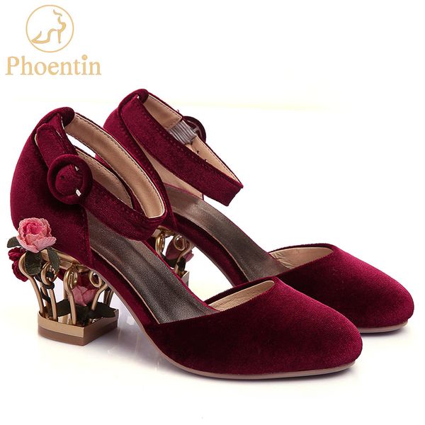 

phoentin ankle strap buckle wedding shoes women bird cage flower heel women's genuine leather shoes pumps velvet mary jane ft266, Black