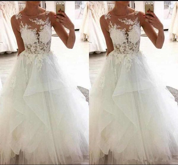 

elegant lace wedding dresses scoop neck beads sleeveless appliques a line plus size wedding dresses bridal gowns robe de mariee, White