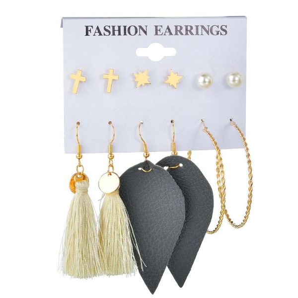 

6 pairs set boho fashion simple tassel dangle stud earrings for girls jewelry accessories temperament retro hoops earring set, Silver