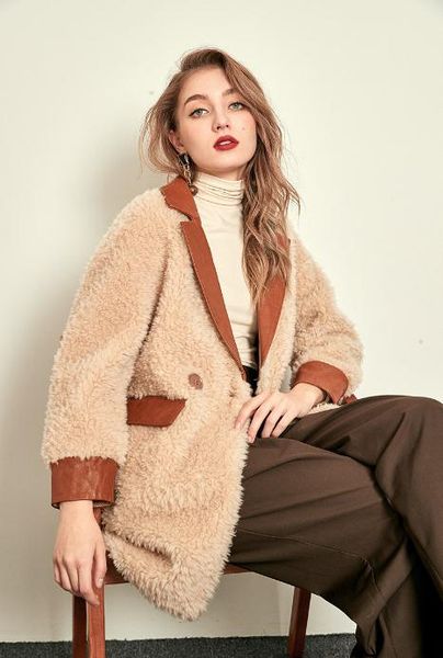

winter 2019 new suit collar grain sheep skin fur body wool coat temperament comfortable wool coat, Black