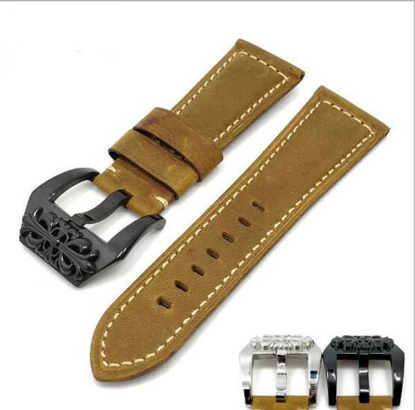 

gospel2005 for panerial first layer leather italian crazy horse leather carved buckle rough leather watch strap for panerial, Black;brown