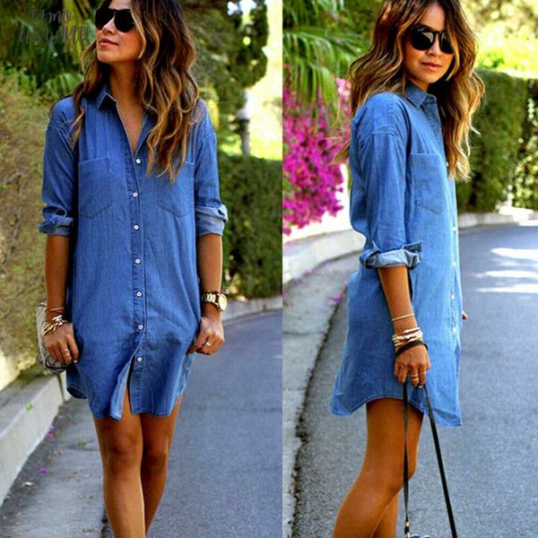 

womens autumn fashion brief solid turn down neck button blue jeans twill denim t shirt long sleeve casual loose shirt short dress, Black;gray