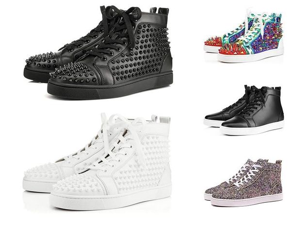 

2019 designer fashion red bottoms shoe studded spikes flat sneakers for men women glitter party lovers genuine leather casual rivet sneaker