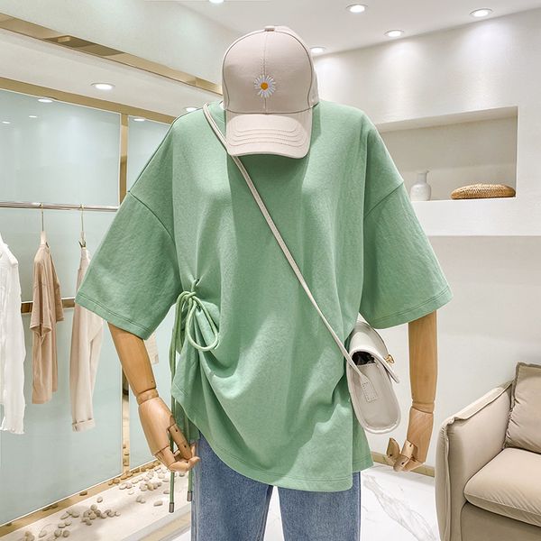 

women's t-shirt spring and summer 2021 relaxed side open drawstring pleated pullover short sleeve casual for women, White