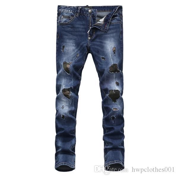 

2020 горячей продажей мужских джинсов мотоцикл улицы рваных джинсов патч slim fit denim мужские брюки мужских бегунов рваных джинсы, Blue