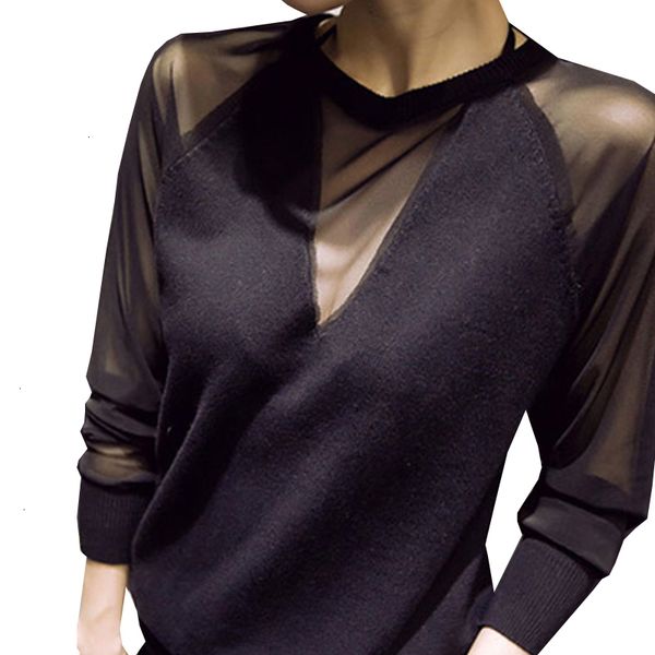

womens clothing women blouse black blouse shirt women spring summer autumn korean style mesh patchwork long sleeve shirt female, White