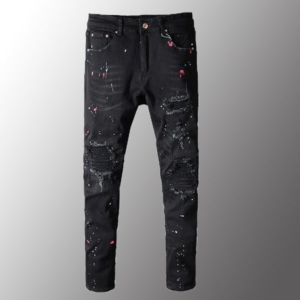 

men's painted black pleated biker for motorcycle slim fit ripped stretch denim pants fashion casual male jeans, Blue