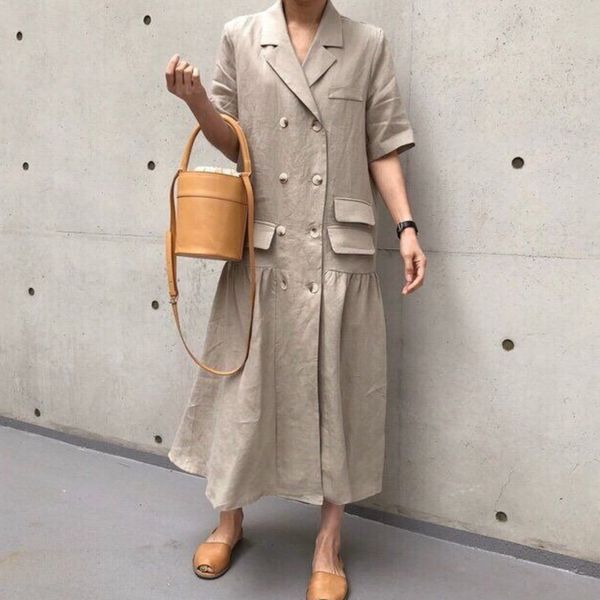 

double-breasted vintage korean maxi dress elegant full sleeves dress for women casual ladies blazer dresses woman party night, Black;gray