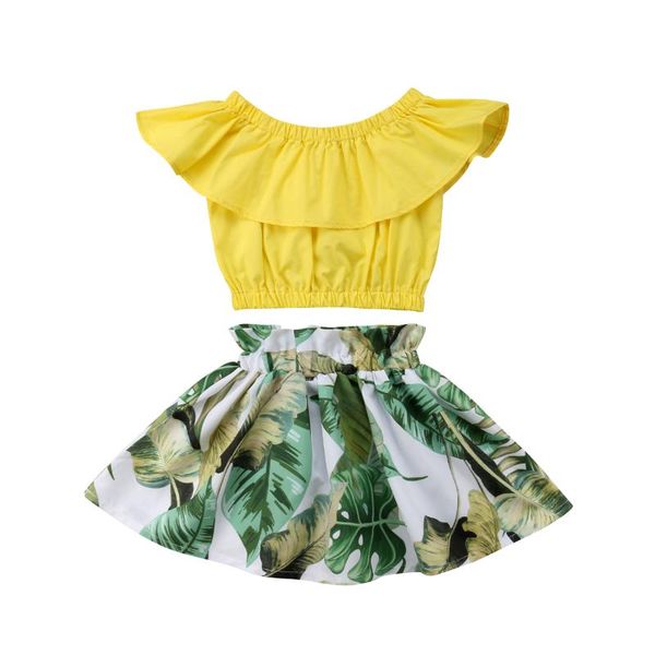 

arrival toddler kids girl ruffles yellow crop floral skirt flower dress infant summer outfits sets, White