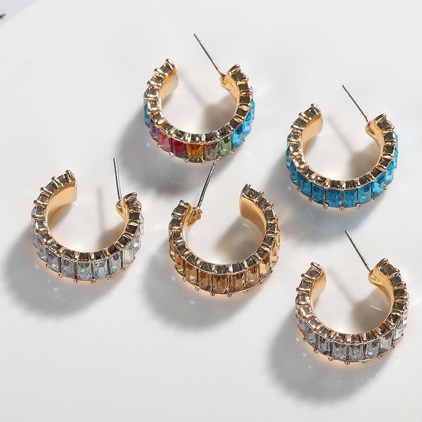 

fashion rainbow czthin line cubic zirconia stud earrings for women men c shape colorful pava ear cuff eternity stack jewelry, Golden;silver